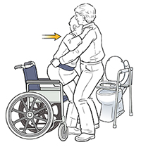 Proveedor de atención médica que usa un cinturón de sujeción para ayudar al paciente a pasar de la silla de ruedas al inodoro.